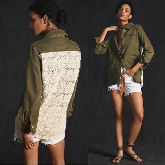 Anthropologie Crochet-Back Denim Utility Jacket Military Dark Green S - Picture 1 of 7